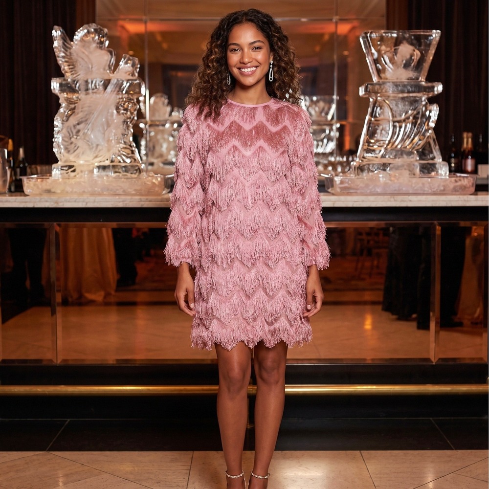 Hutch Anthropologie Chevron‎ Fringe Mini Dress Womens Small Pink Shag Party Glam